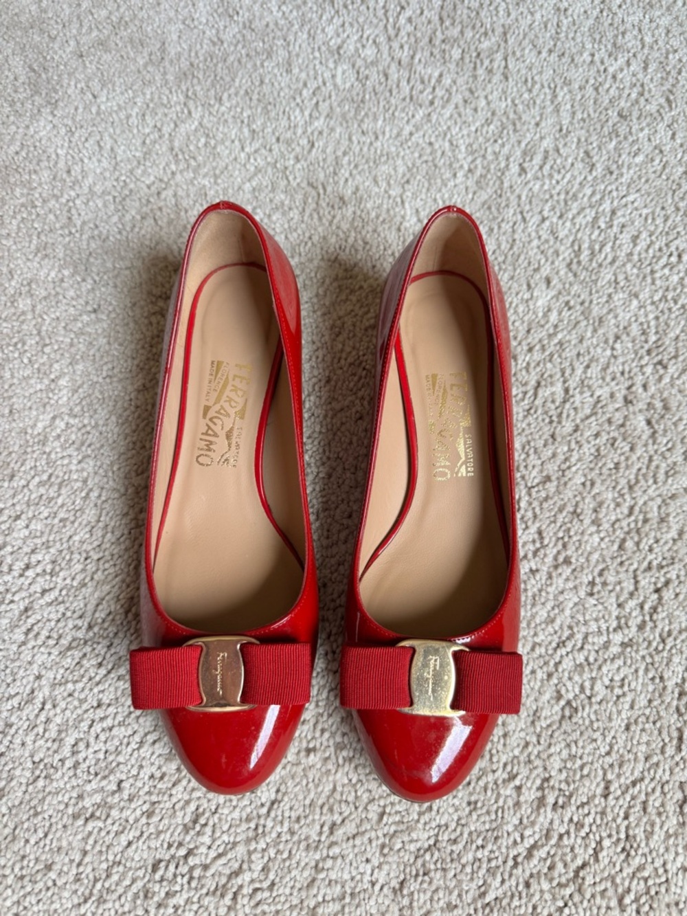 Salvatore Ferragamo Red Vara Patent Leather Bow Pumps, Size 6.5